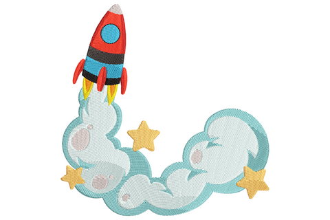 Cartoon rocket launch embroidery design with dark red rocket, sky blue clouds and gold stars, 11 colours, 9 sizes.