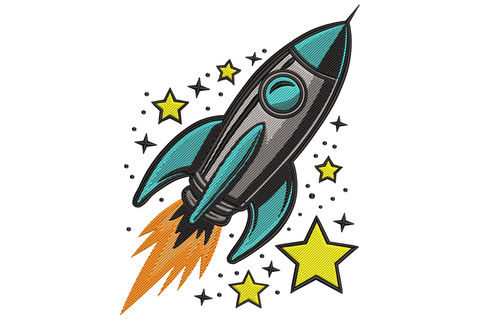 Cartoon rocket ship embroidery design blasting upward through scattered stars, red and white body with blue fins and orange flame, 9 colour space design.