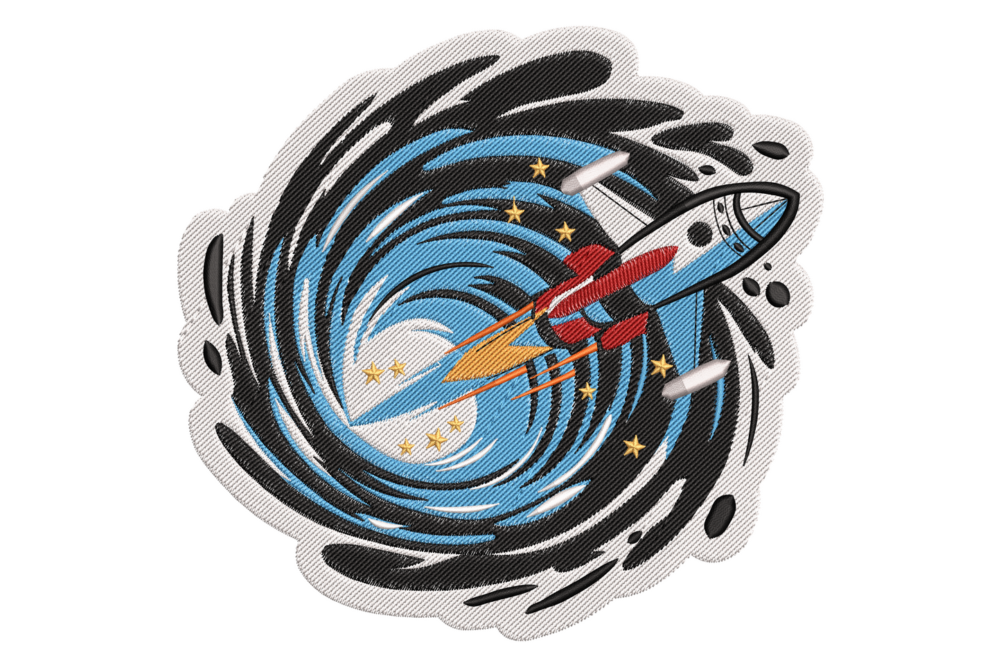 Rocket space embroidery design with red rocket blasting through a blue galaxy vortex surrounded by black motion-blur shapes and gold stars