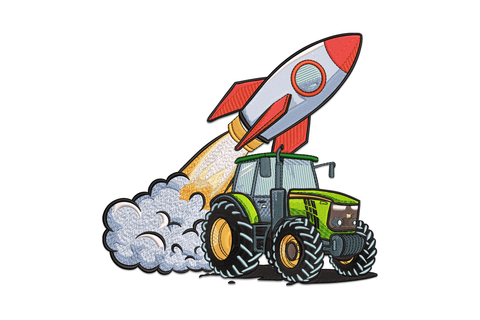 Rocket-powered tractor embroidery design with cartoon farmer, orange flames, yellow wheel rims and 14 thread colours on white fabric