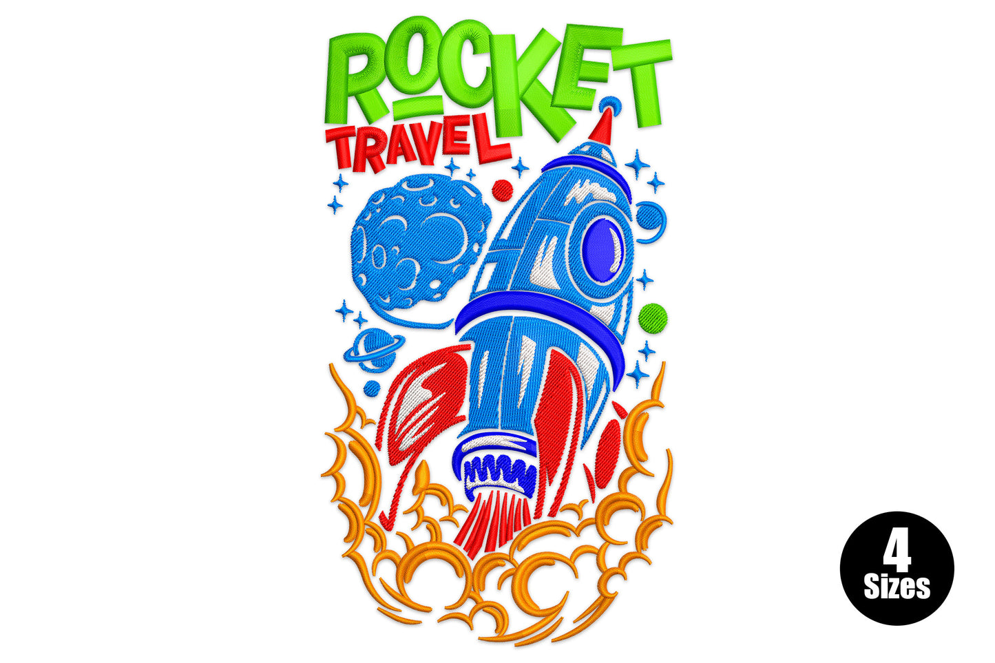 Rocket travel space embroidery design with green block text, launching rocket, blue planet and orange flames