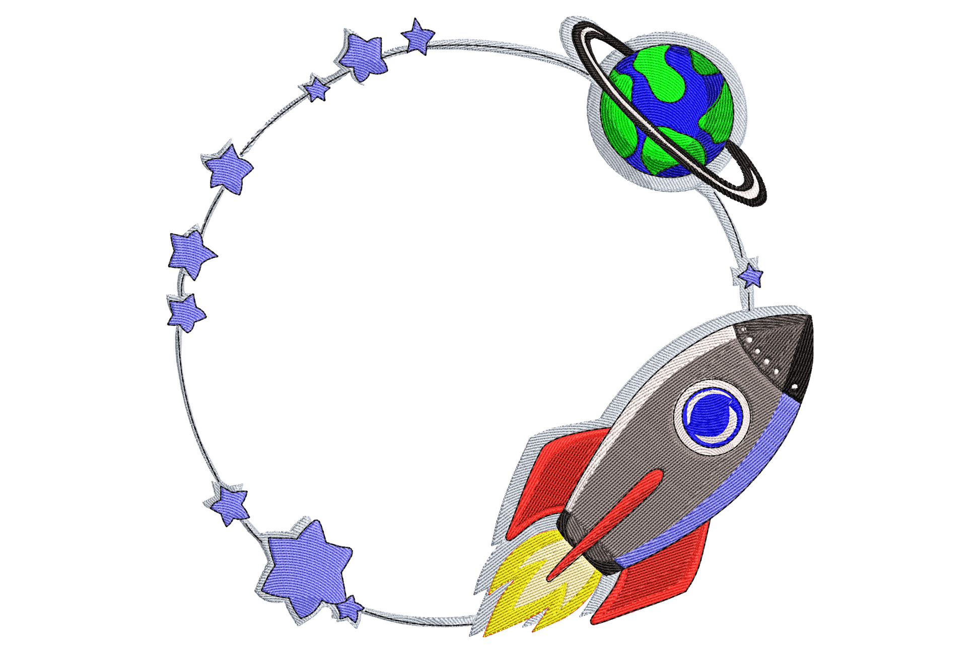 Rocket and planet frame embroidery with blue star border, ringed planet, cartoon rocket with red fins and orange flames