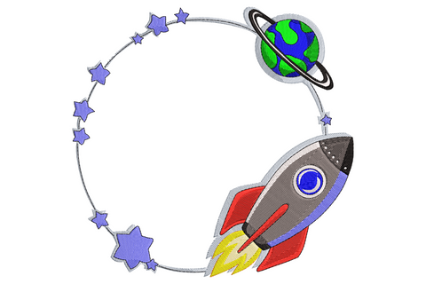 Rocket and planet frame embroidery with blue star border, ringed planet, cartoon rocket with red fins and orange flames