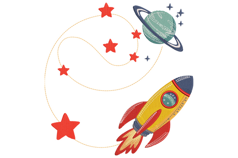 Retro cartoon white red rocket ship with orange flame blasting past teal ringed planet and tiny stars, mid-century kids space embroidery design