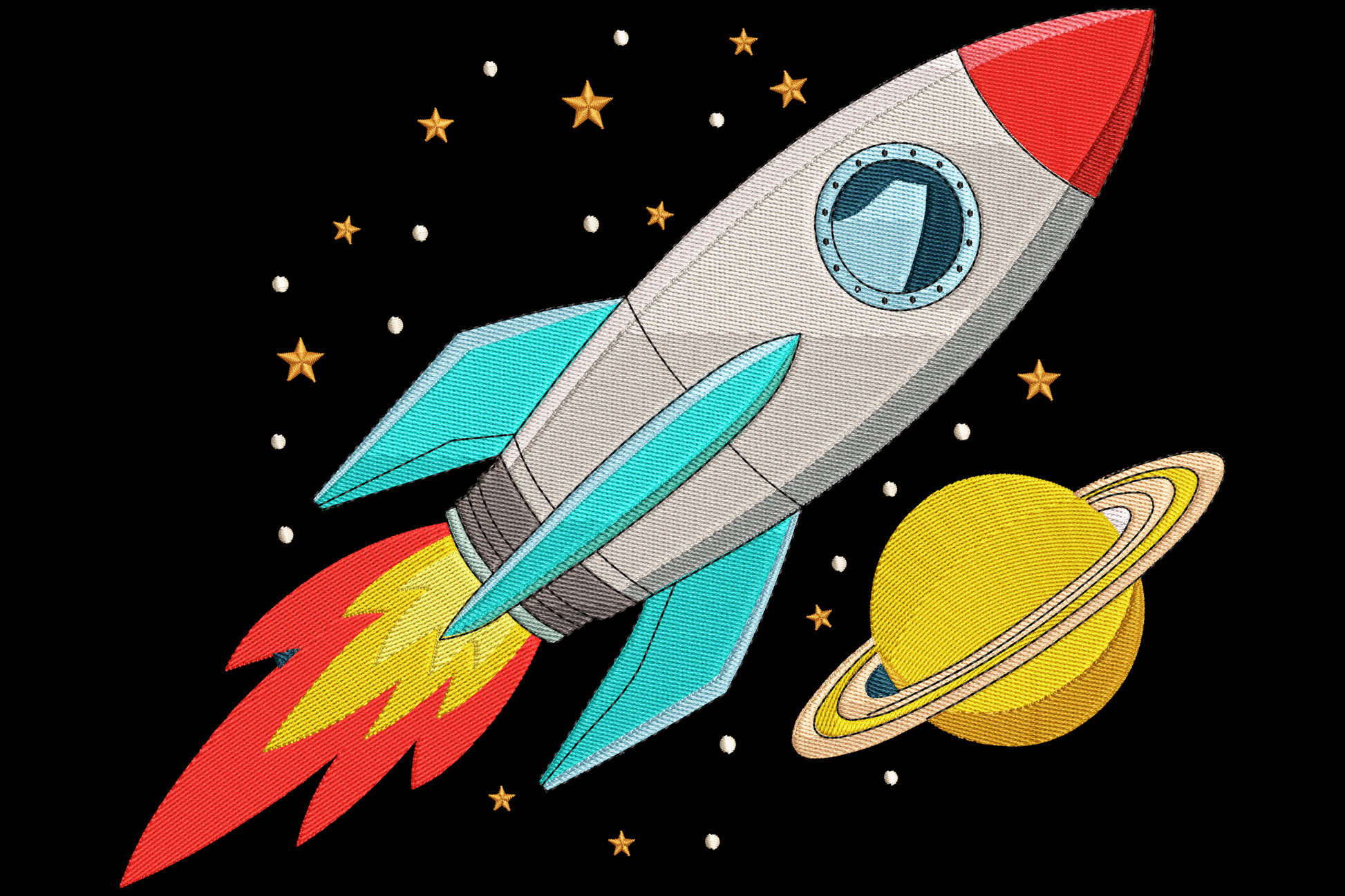 Retro space rocket embroidery design with silver body, red nosecone, teal fins and red-orange flame, beside a yellow ringed planet and gold stars