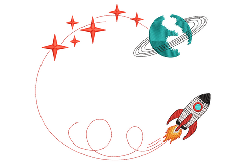 Cartoon space embroidery with white rocket trailing dotted flight path to teal ringed planet and five red four-point stars.