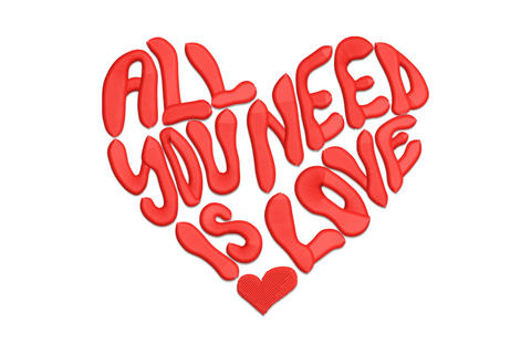 Machine embroidery design with the words All You Need Is Love in puffy balloon lettering arranged in a heart shape, stitched in single-color red thread
