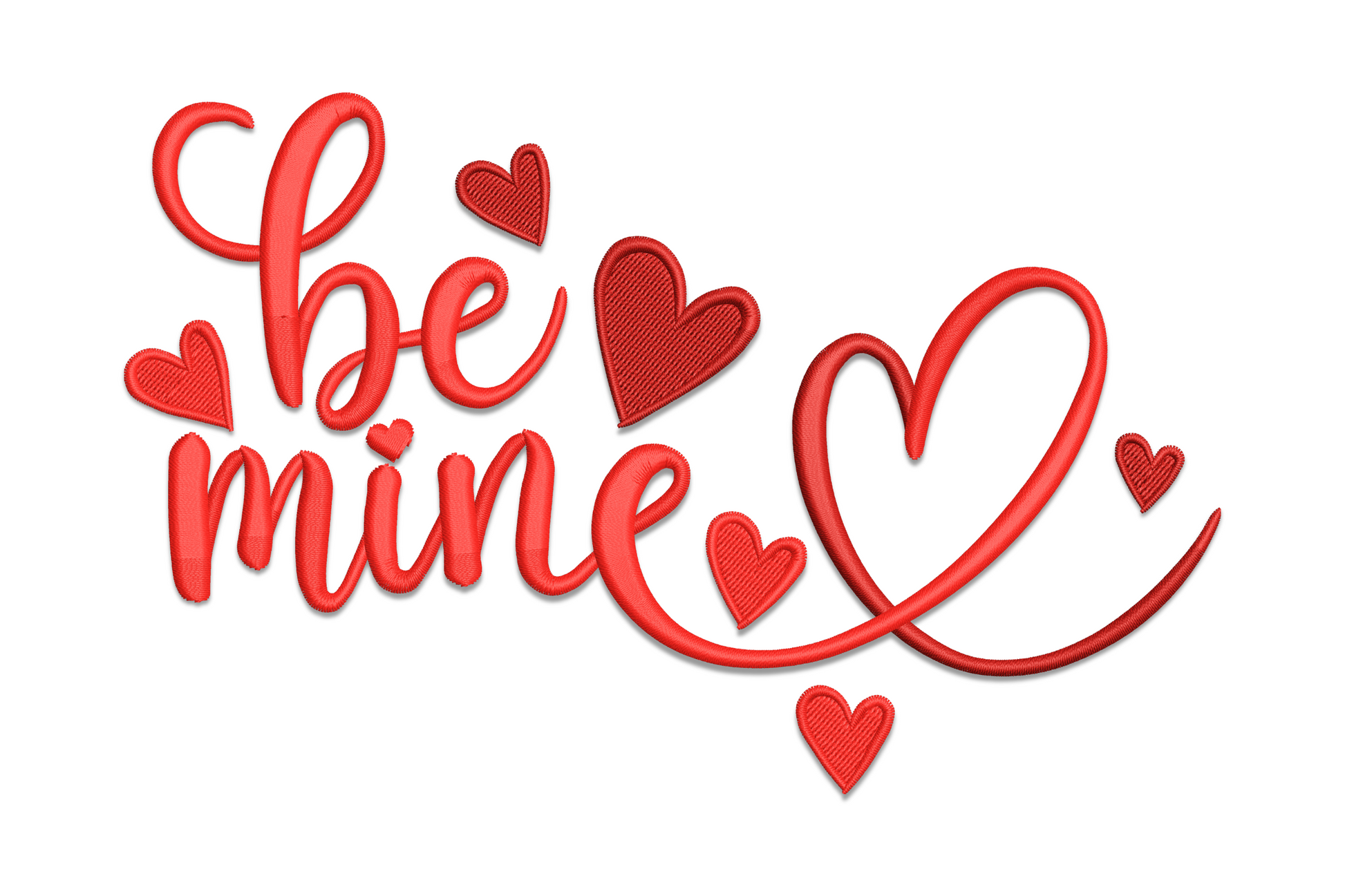 Be mine red cursive embroidery, swirling tail forming a heart outline, five scattered solid red hearts around the text.