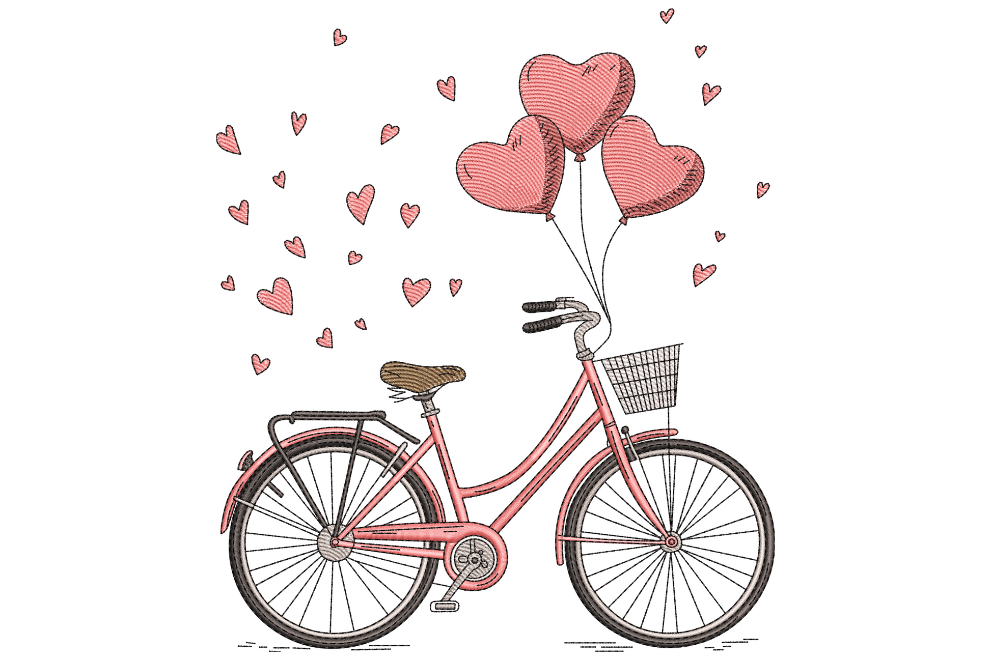 Vintage pink bicycle embroidery design with front basket, 3 large heart balloons floating up and small scatter hearts around.