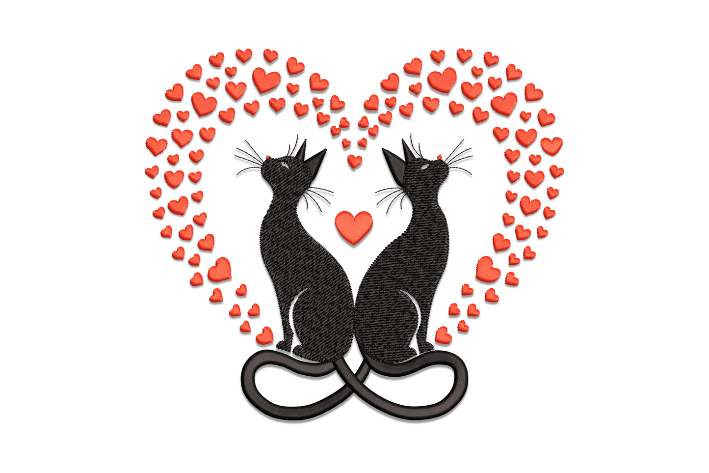Two black cat silhouettes with tails forming a heart shape, romantic Valentine embroidery design for cat lovers