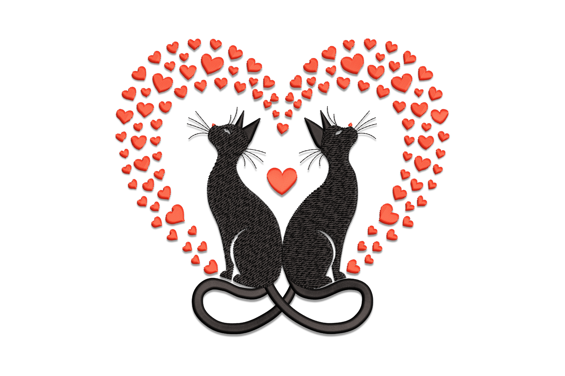 Two black cat silhouettes with tails forming a heart shape, romantic Valentine embroidery design for cat lovers