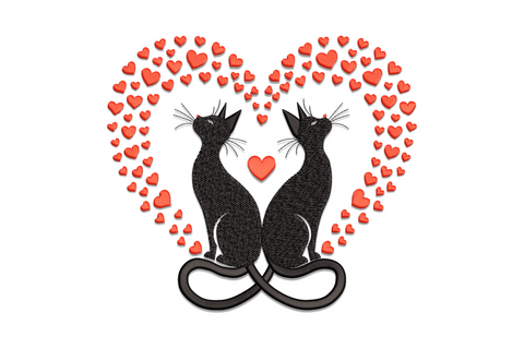 Two black cat silhouettes with tails forming a heart shape, romantic Valentine embroidery design for cat lovers