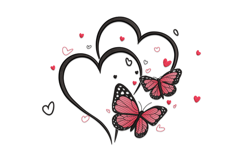 Romantic butterfly heart embroidery design with two pink butterflies on nested black sketch hearts and scattered mini hearts