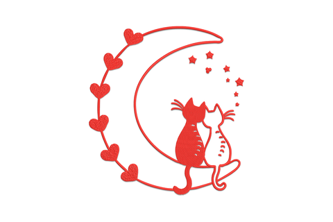 Romantic cat couple sitting on crescent moon embroidery design in red line art with heart garland border