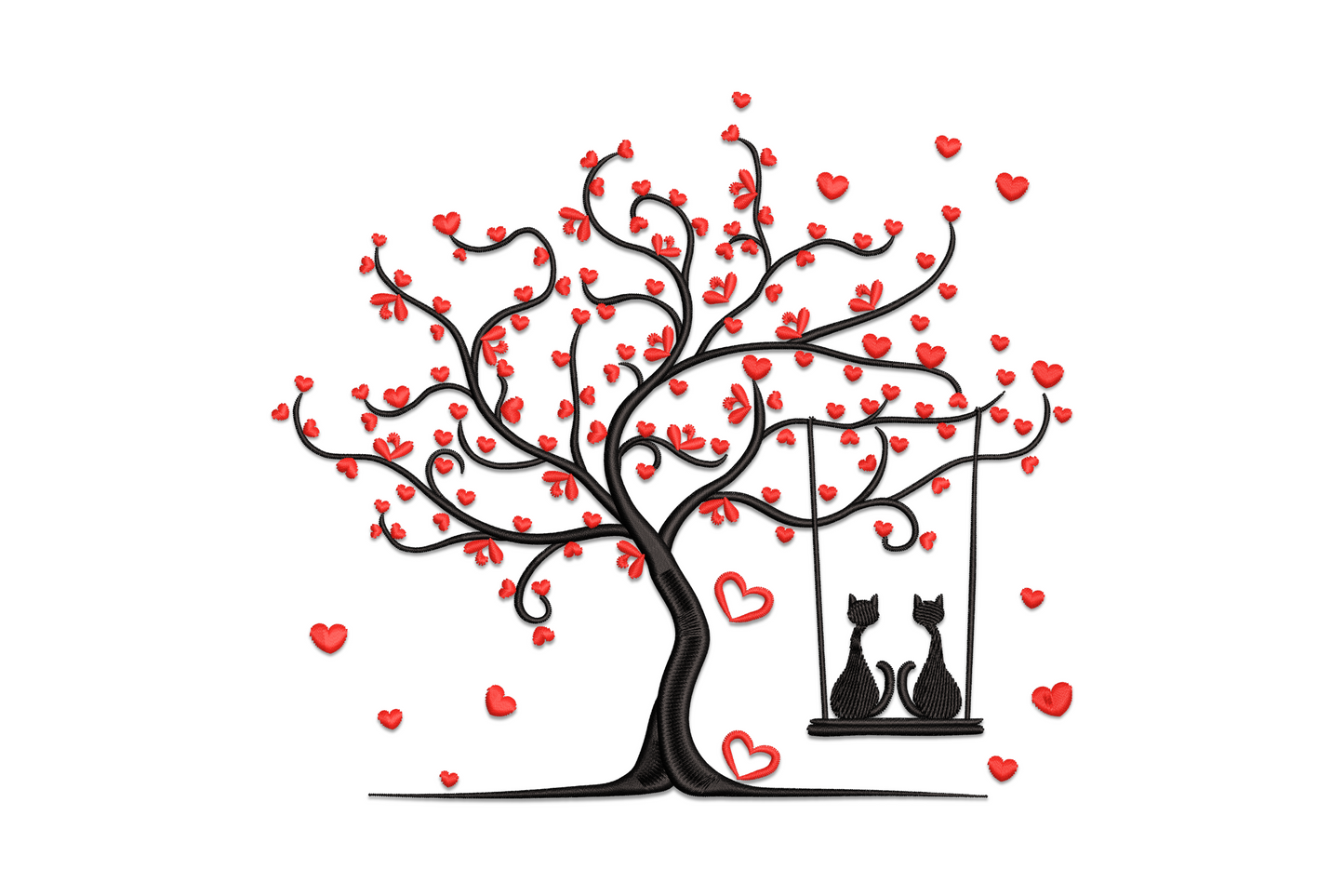 Cat couple on swing under heart-leaf tree embroidery, black silhouette with red hearts, two cats side by side, 7.51 inch.