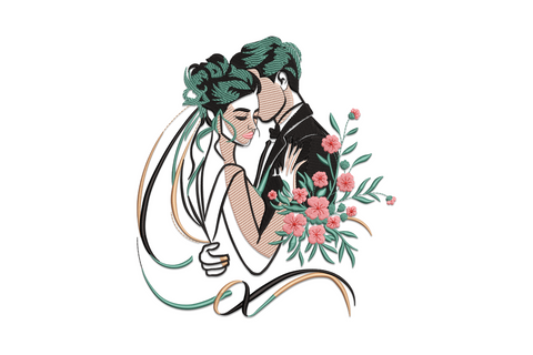 Romantic couple inside floral wreath embroidery design, silhouette pair with dusty rose petals and sage leaves, soft 6 colour wedding portrait style