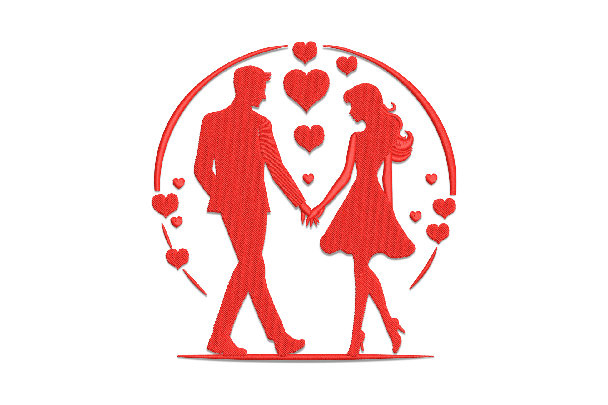 Romantic couple holding hands valentine embroidery design, red silhouette inside a circle with heart balloons, single colour machine embroidery.