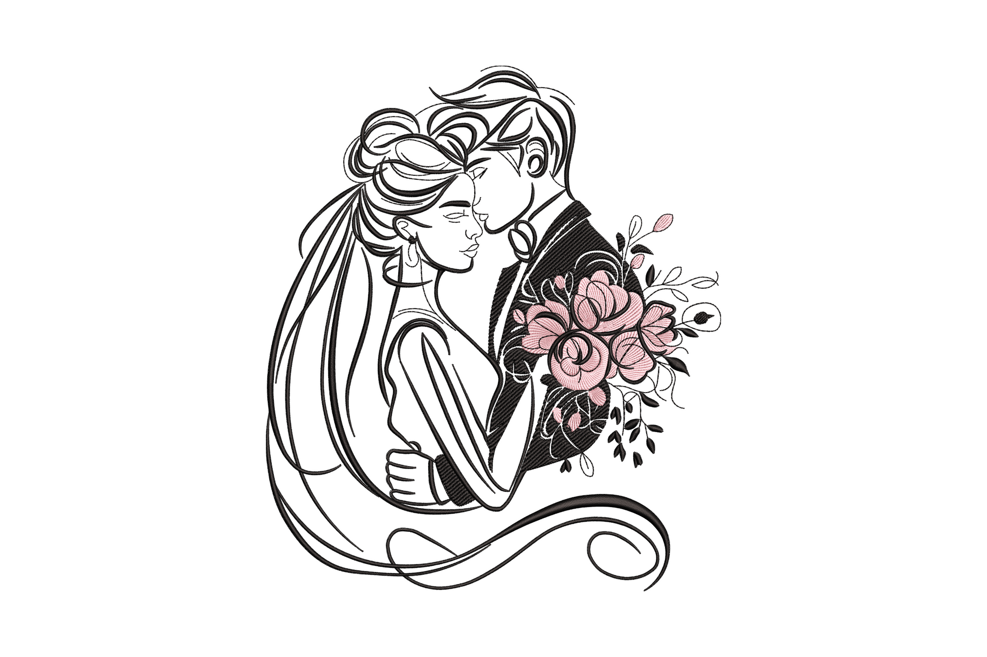 Romantic couple line art embroidery design showing a bride and groom in close profile with a dusty pink peony bouquet, fine black outline stitch on white background.