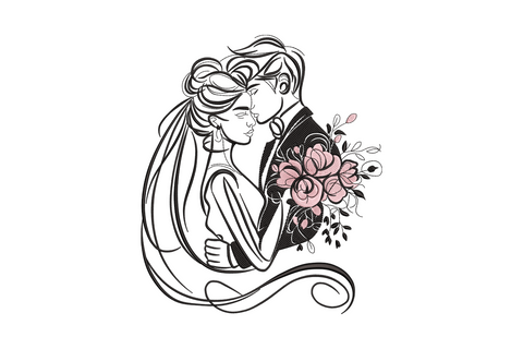 Romantic couple line art embroidery design showing a bride and groom in close profile with a dusty pink peony bouquet, fine black outline stitch on white background.