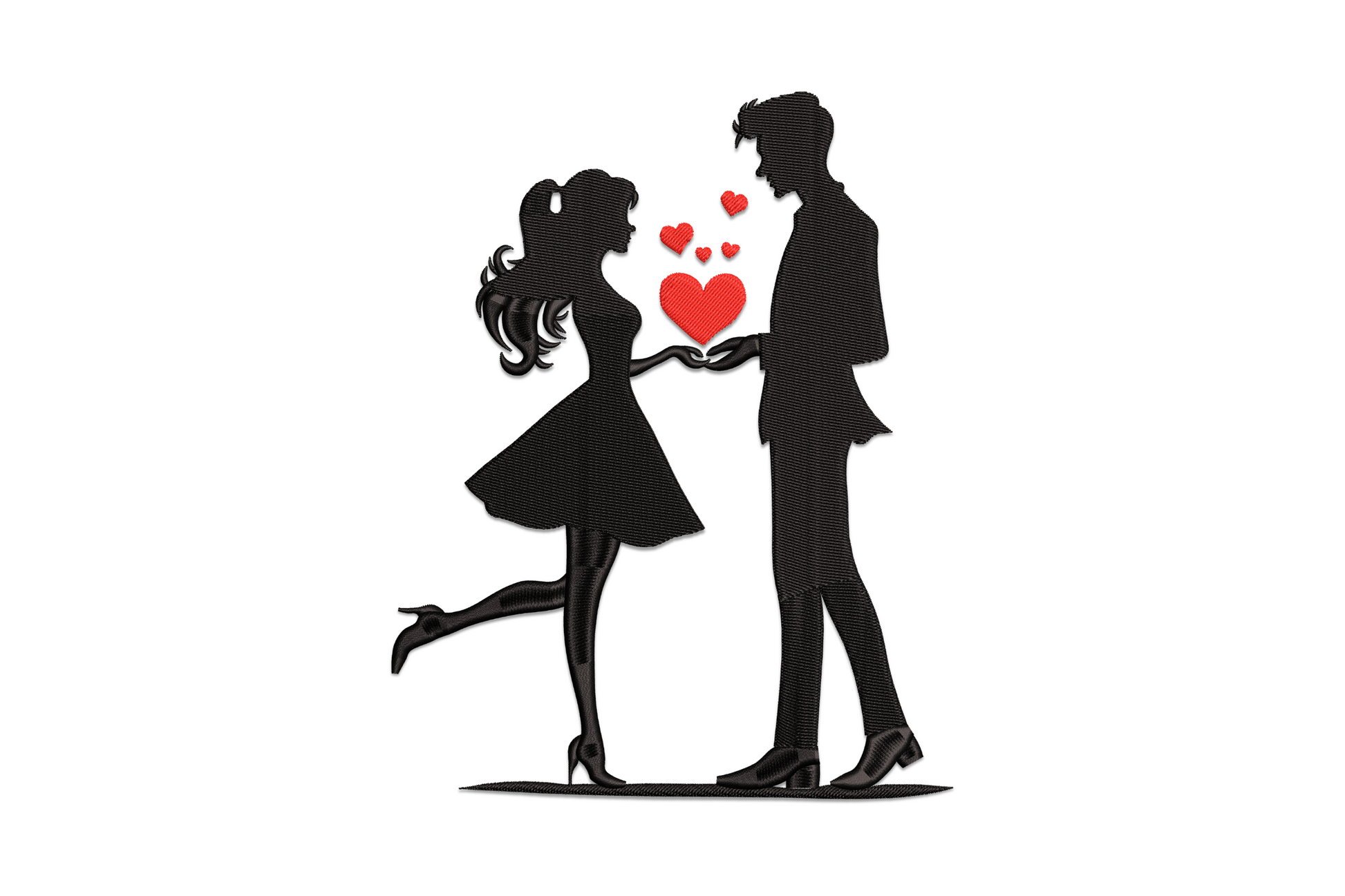 Machine embroidery couple silhouette facing each other with a heart above in charcoal and red thread on white fabric