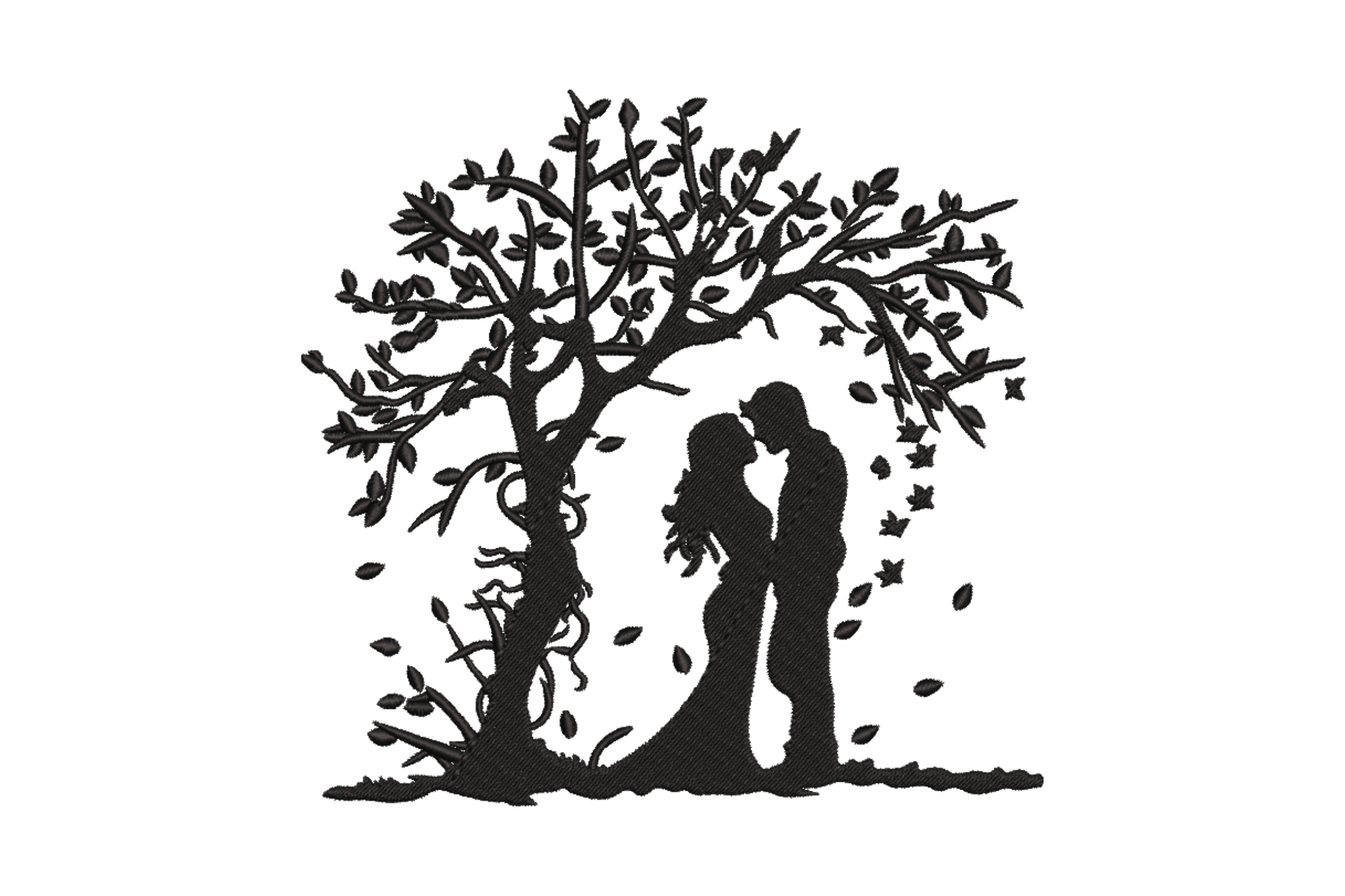 Romantic couple silhouette in solid black, two figures close together under a spreading leafy tree with root detail at base.