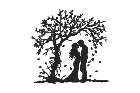 Romantic couple silhouette in solid black, two figures close together under a spreading leafy tree with root detail at base.