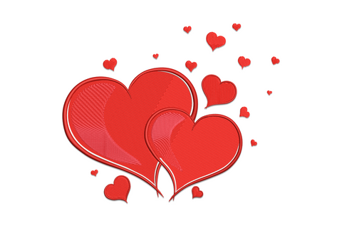Machine embroidery design of two layered double hearts in 4 colors with decorative satin fills, romantic valentine motif, landscape format