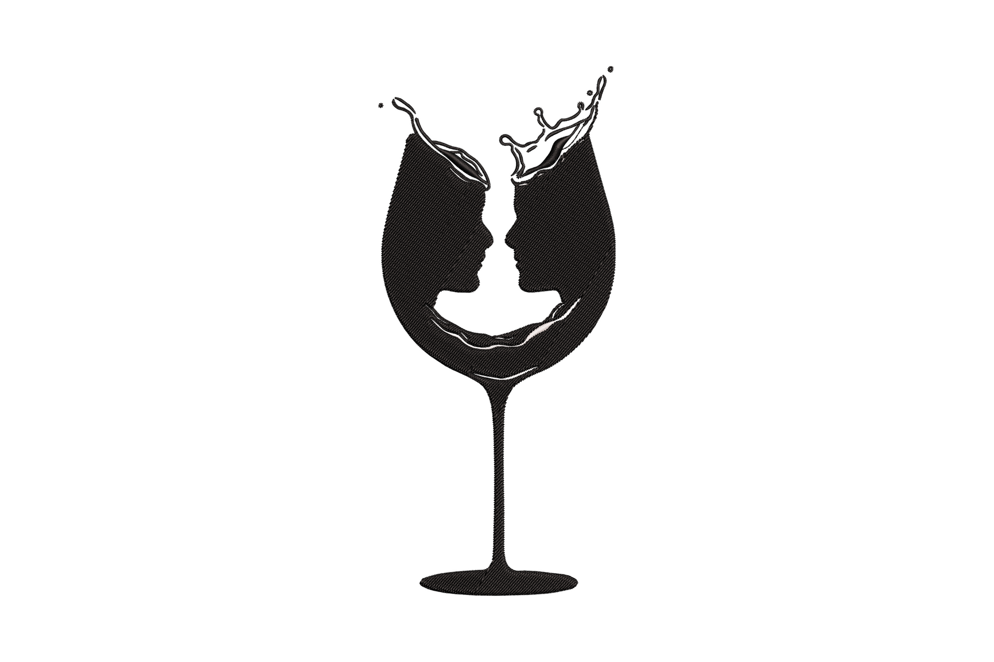 Romantic couple faces inside wine glass silhouette embroidery design, two-colour profile portrait, wedding and anniversary motif
