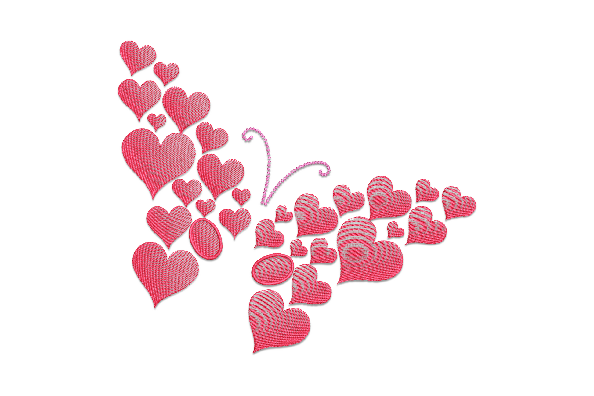 Romantic flying heart butterfly embroidery design, rose pink and cerise hearts in two wing shapes around a dotted butterfly centre.