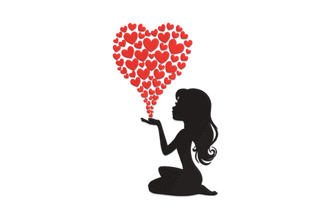 Black silhouette girl kneeling and blowing red mini-hearts forming a large heart shape above her, valentines day embroidery