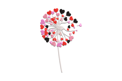 Romantic heart dandelion machine embroidery design showing seeds floating from a heart-shaped puff, rose pink and blush palette, 5 sizes 3.5 to 7.5 inches