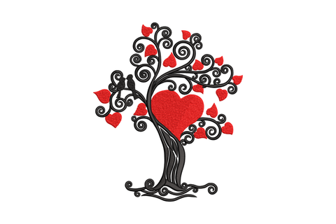 Romantic heart tree embroidery, black filigree swirl branches, red heart in trunk centre with small red heart leaves.