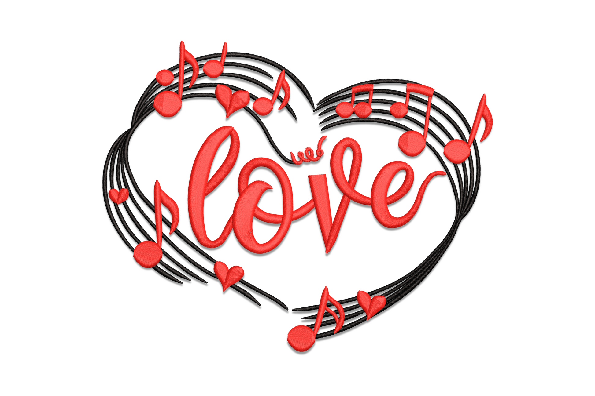 Heart made of black music staff lines with red notes and hearts, word love in red brush script centered inside.
