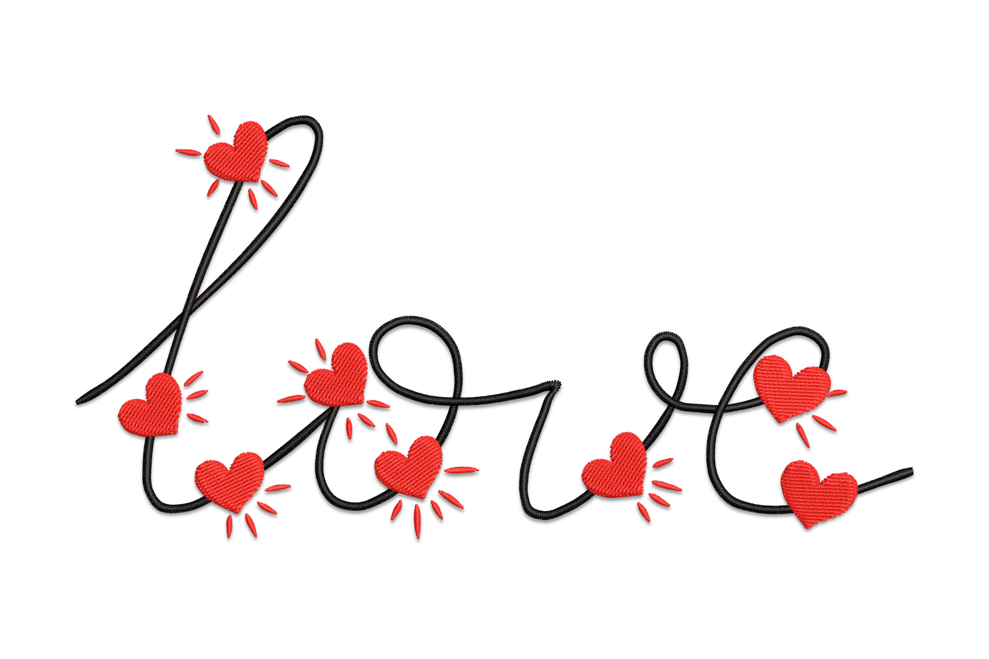 Romantic script lettering spelling love in flowing calligraphy with long flourishes and a small heart accent at the tail, valentine embroidery design