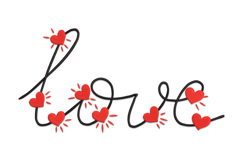Romantic script lettering spelling love in flowing calligraphy with long flourishes and a small heart accent at the tail, valentine embroidery design