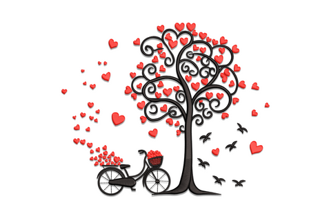 Romantic love tree embroidery design with red heart leaves on black scroll branches and small bicycle at base
