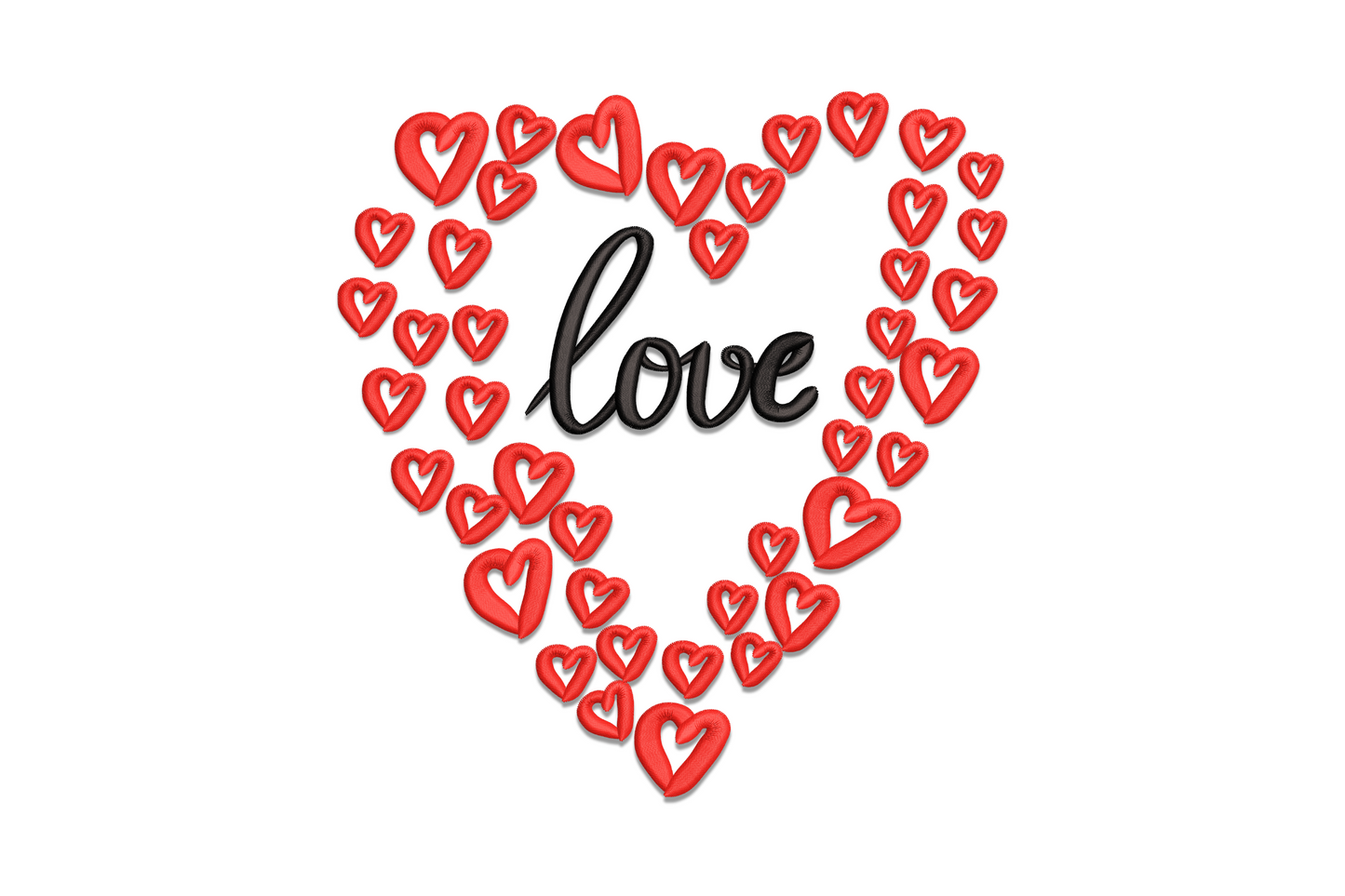 Heart shape formed by forty small 3D red hearts, black script love centred inside.