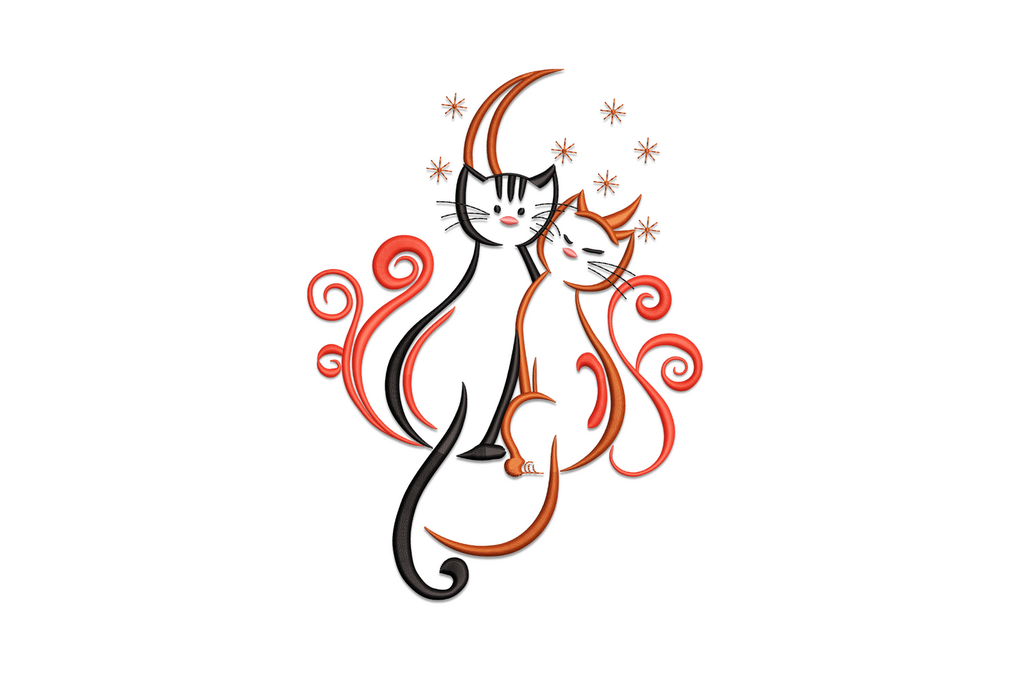 Romantic moon cats embroidery design, two cat silhouettes on a crescent moon with tails curled, four colour storybook style.