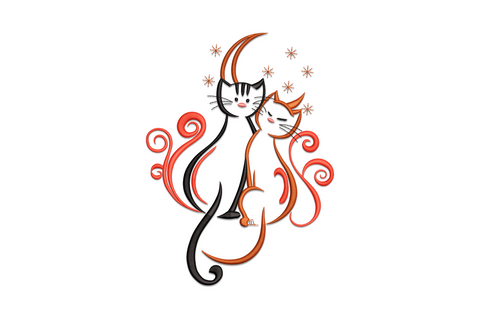 Romantic moon cats embroidery design, two cat silhouettes on a crescent moon with tails curled, four colour storybook style.