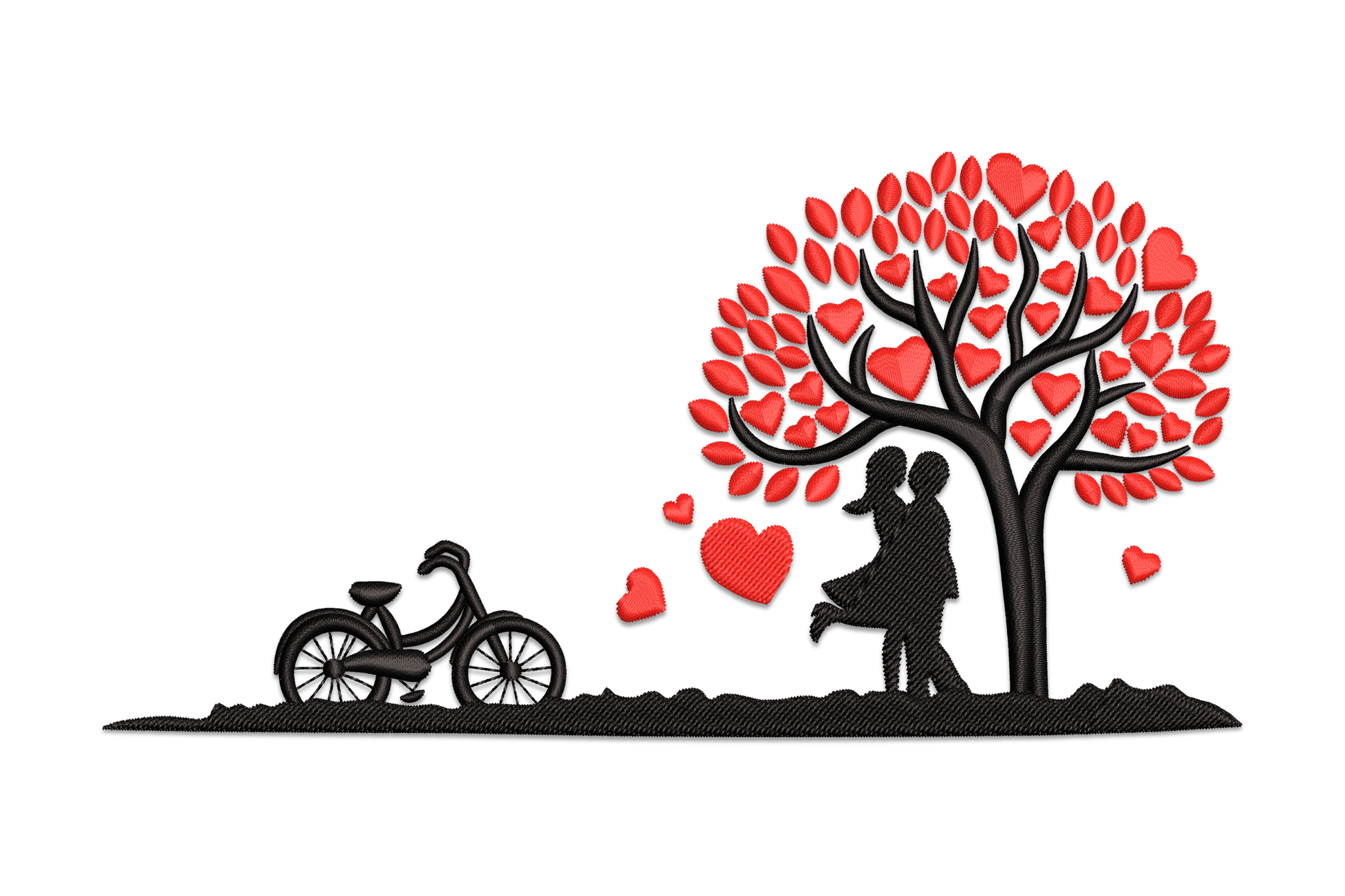 Romantic valentine embroidery, couple silhouette under a heart-canopy tree with bicycle, red heart leaves and black silhouette figures in a wide landscape scene