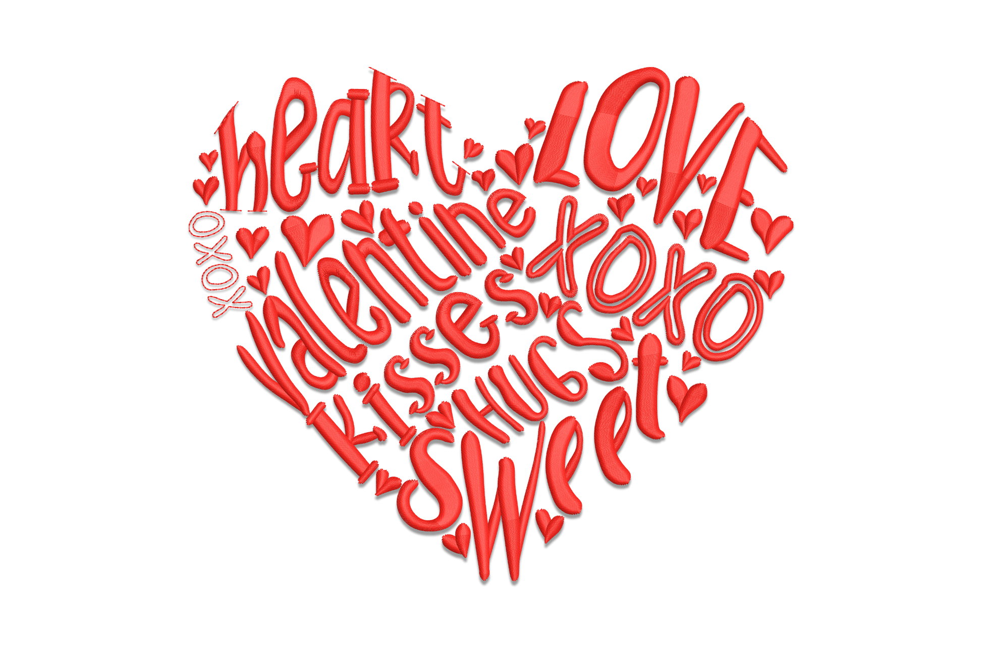 Romantic valentine word heart embroidery design with love, kisses, XOXO and hugs text forming a heart in red thread.