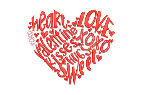 Romantic valentine word heart embroidery design with love, kisses, XOXO and hugs text forming a heart in red thread.