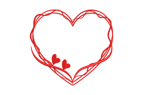 Romantic vine heart frame embroidery, tangled red vine strokes, 2 mini solid hearts on inner stem, single crimson thread.