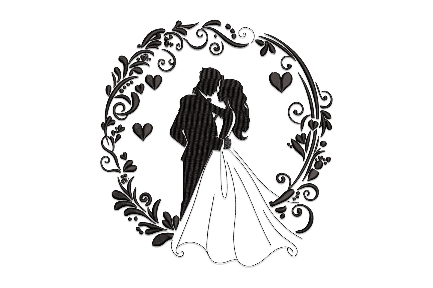 Silhouette embroidery of a wedding couple inside an oval wreath of scrolling vines and hearts, solid black thread, machine embroidery design on white background