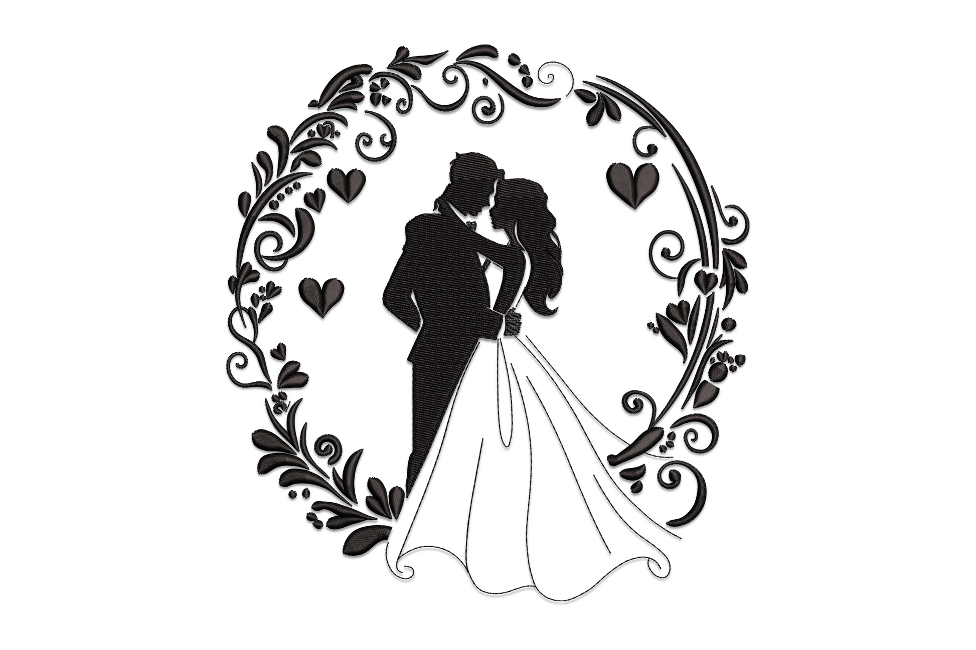 Silhouette embroidery of a wedding couple inside an oval wreath of scrolling vines and hearts, solid black thread, machine embroidery design on white background