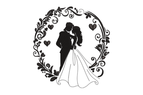 Silhouette embroidery of a wedding couple inside an oval wreath of scrolling vines and hearts, solid black thread, machine embroidery design on white background