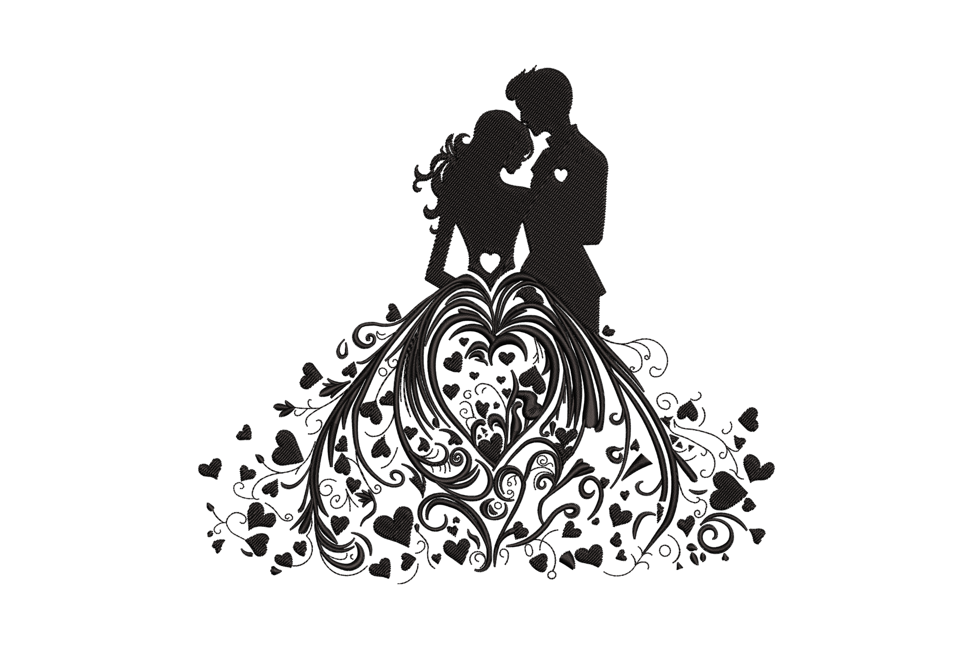 Wedding couple silhouette embroidery, two figures in close embrace with bridal veil flowing behind, solid single colour fill.