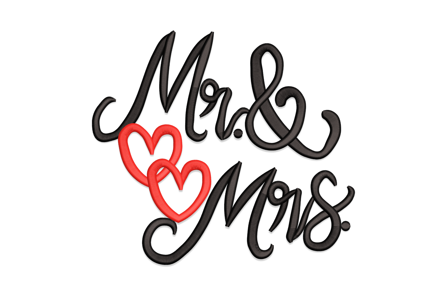 Romantic wedding Mr and Mrs embroidery design in bold brush script with stacked red heart outlines at the ampersand, black and red thread.