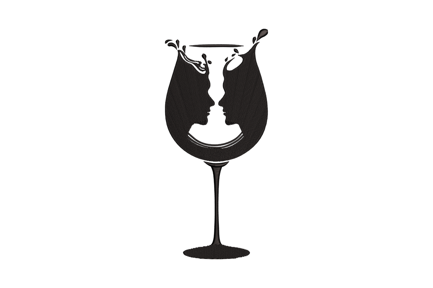 Two wine glasses clinking with crossed stems forming heart shape, single colour embroidery on white fabric