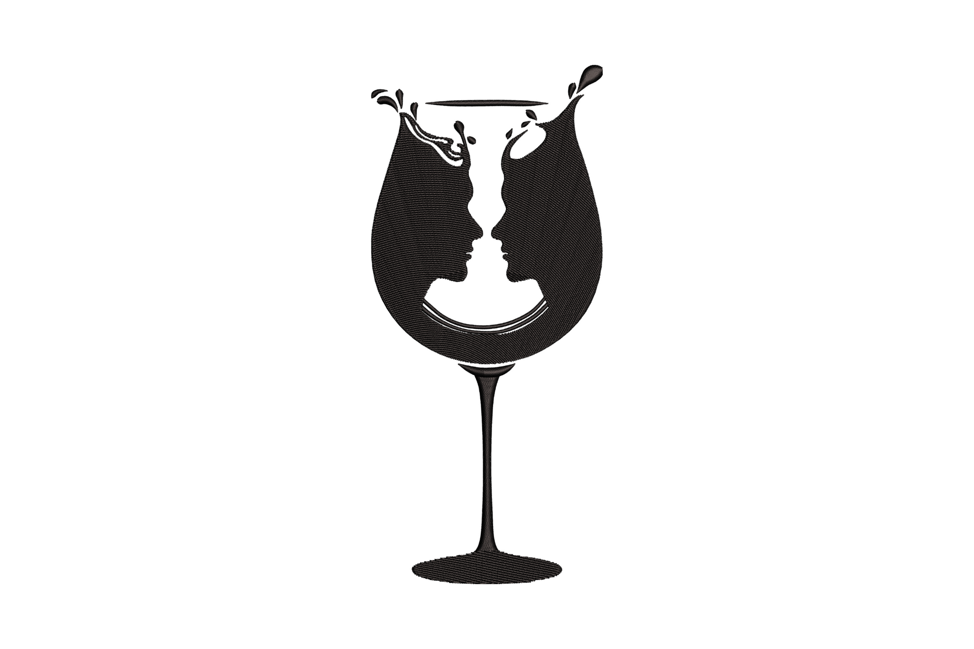 Two wine glasses clinking with crossed stems forming heart shape, single colour embroidery on white fabric